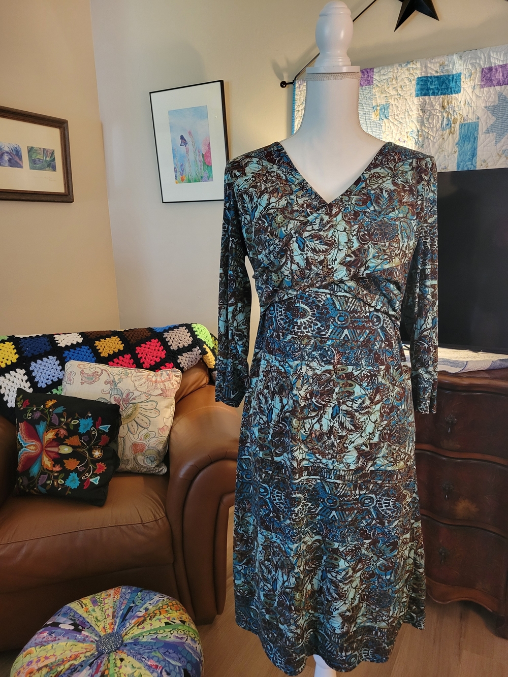 Coldwater Creek Teal and Brown Patterned V-Neck Long Sleeve Dress